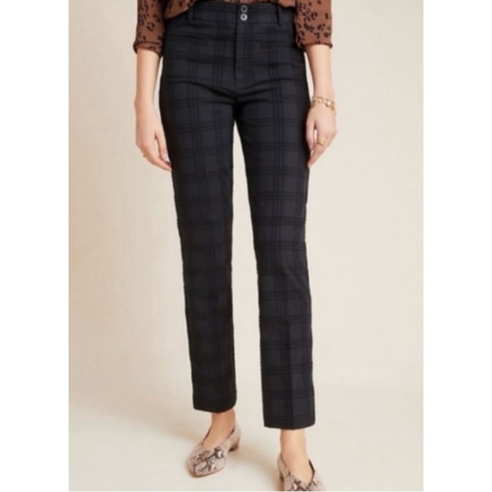ANTHROPOLOGIE The Essential Slim Black Jacquard Check Ankle Trousers
